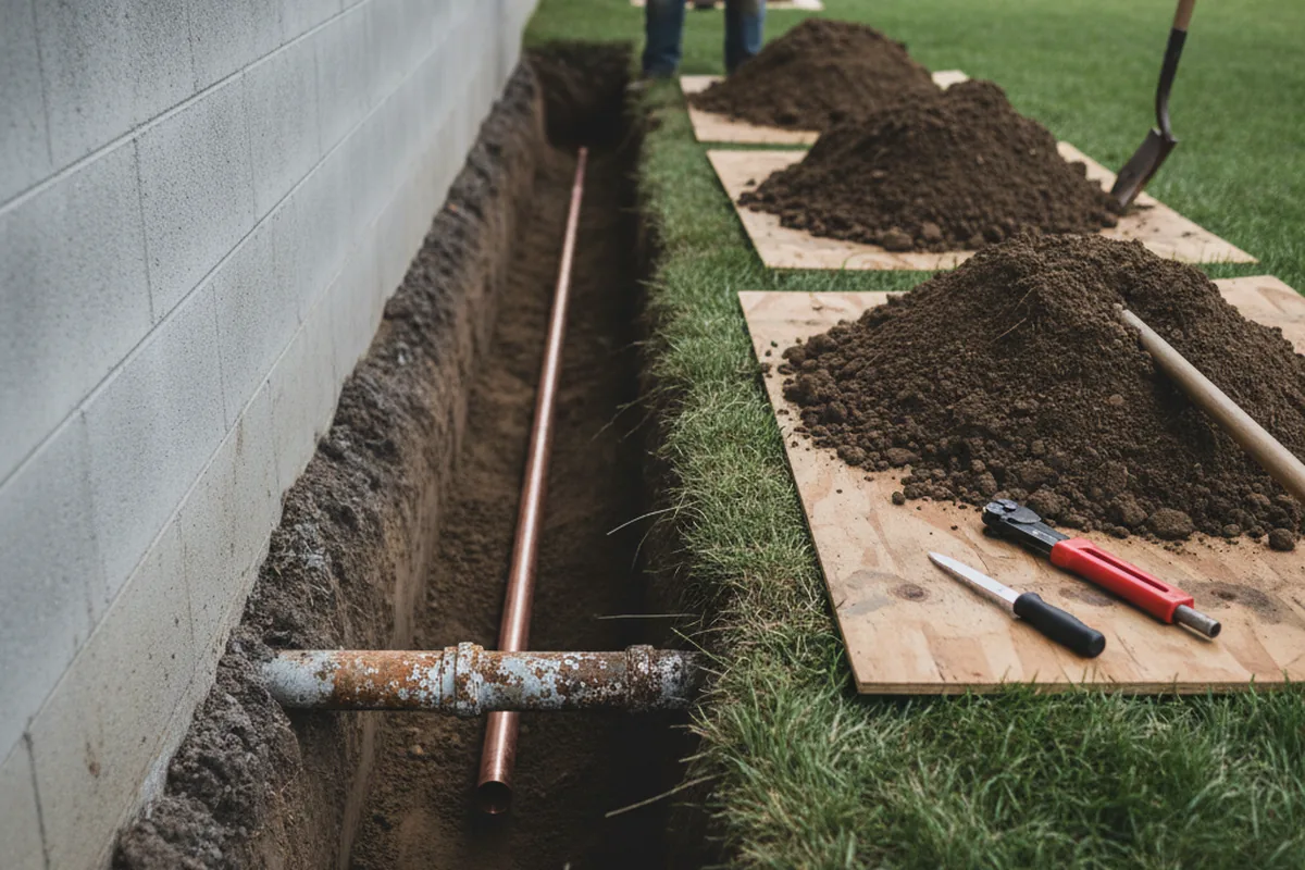 Excavated water line trench during Water Heater Repair in Baldwinsville